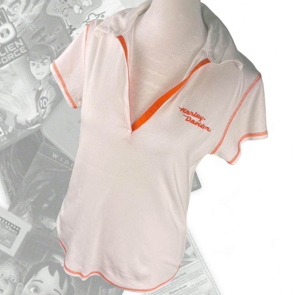 Vintage Harley Davidson White Orange V Neck Collared Top Y2K Medium